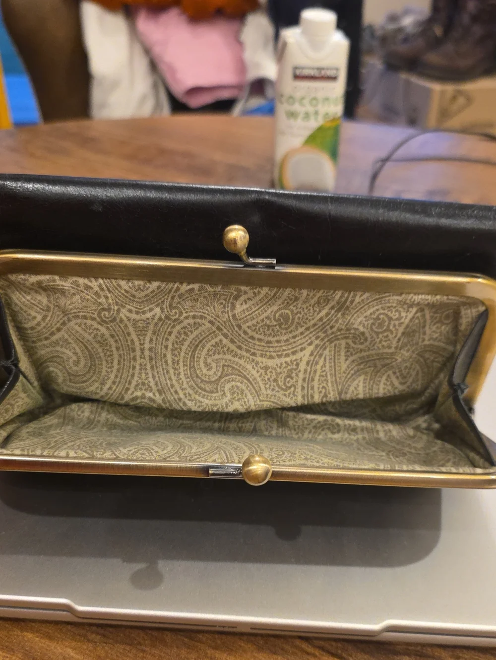 Hobo Black Leather Kiss-Lock Clutch Wallet with Brass Frame